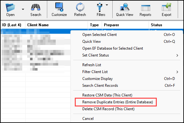 Image of "Remove Duplicate Entries (Entire Database)" on the CSM